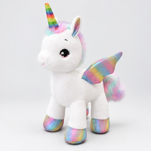 Peluche licorne blanche, photo studio vue de trois quarts avant montrant la crinière arc-en-ciel, la corne, les ailes et les sabots