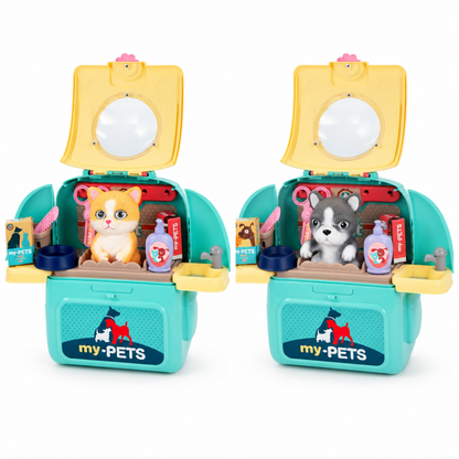 Versions peluche chat et chien du coffret vétérinaire présentées ensemble avec leurs sacs de transport
