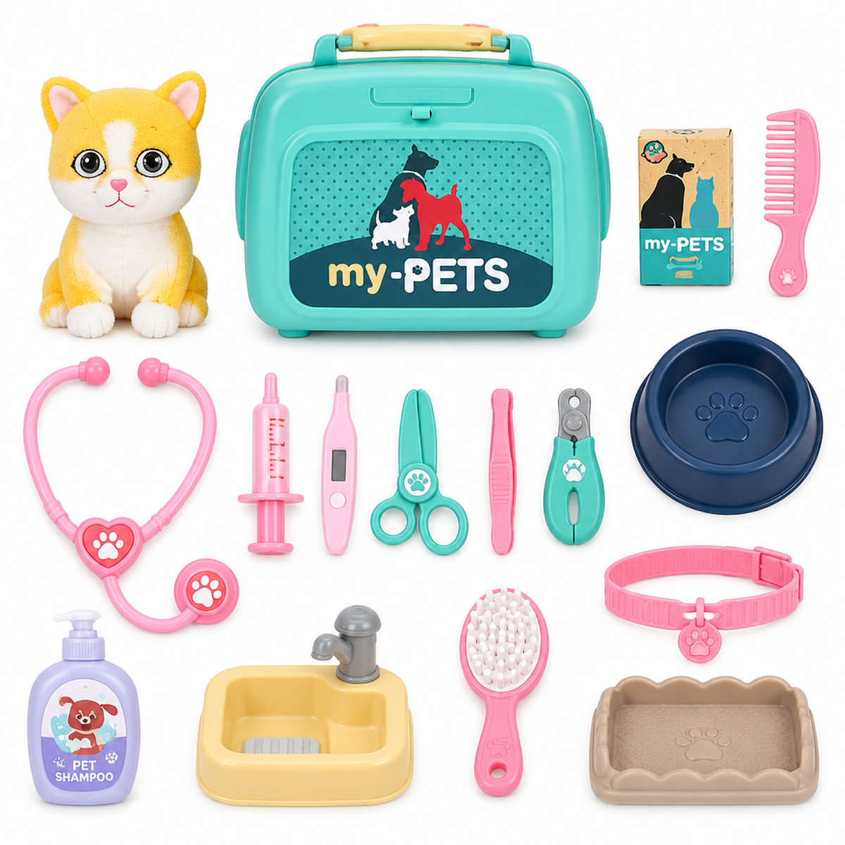 Vue à plat de tous les accessoires du coffret vétérinaire : stéthoscope, seringue, bandages, brosse de toilettage et étiquettes d'identification autour du sac de transport