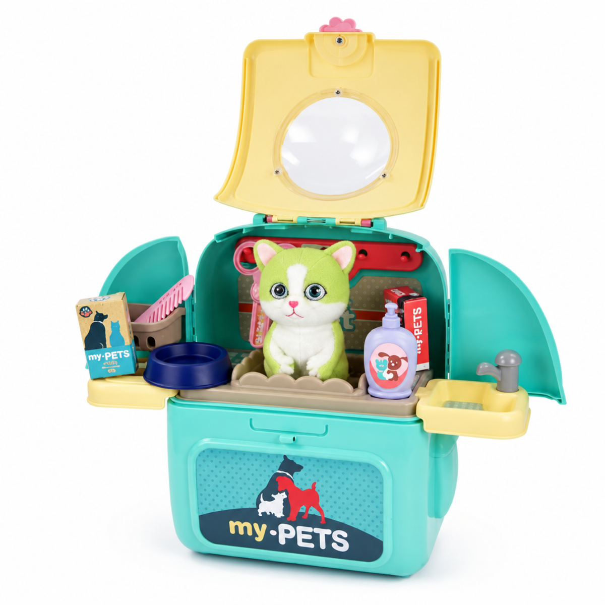 Peluche chat verte du coffret vétérinaire sortant de son sac de transport assorti vert
