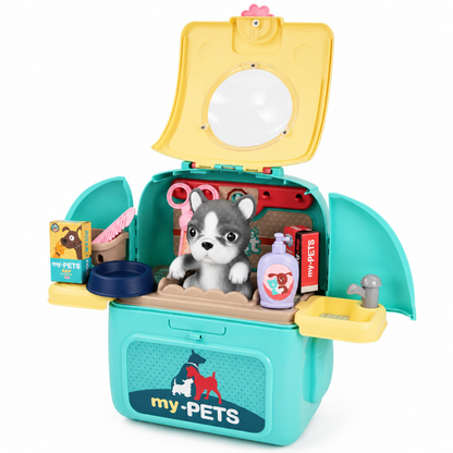 Peluche chiot vert du coffret vétérinaire avec stéthoscope et accessoires de jeu vétérinaire disposés