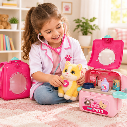Enfant jouant au vétérinaire, examinant une peluche avec le stéthoscope jouet du coffret sac de transport