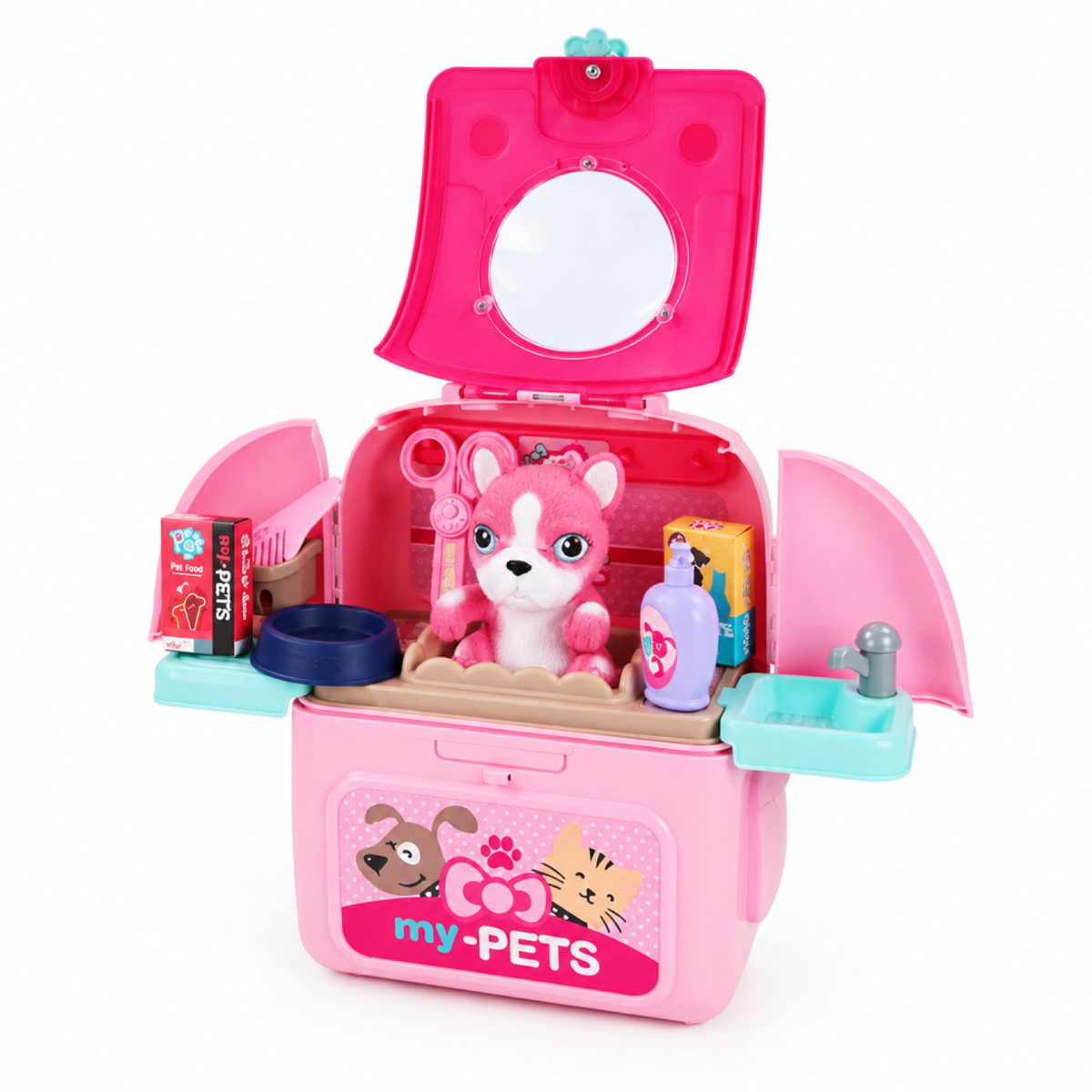 Peluche chiot rose du coffret vétérinaire avec brosse de toilettage et outils médicaux factices