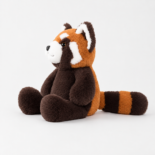 Peluche lestée chauffante panda roux, fourrure rousse et crème et queue annelée, photo studio