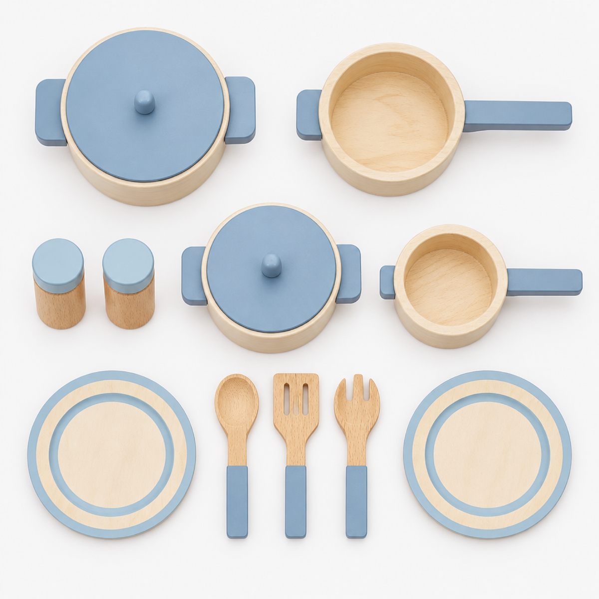 Vue à plat de l'ensemble complet de la dinette en bois pour enfants avec toutes les pièces