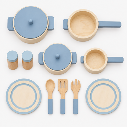 Vue à plat de l'ensemble complet de la dinette en bois pour enfants avec toutes les pièces