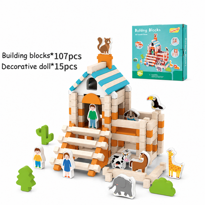 Set château-tour en bois Montessori présenté avec sa boîte, blocs de construction et figurines décoratives