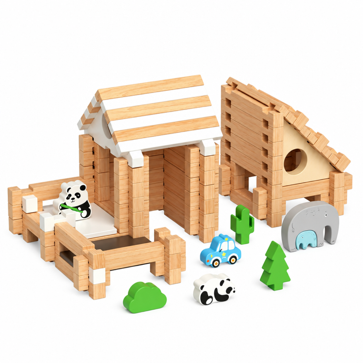 Set ferme et chaumière en blocs de construction en bois naturel avec grange, enclos et figurines d'animaux