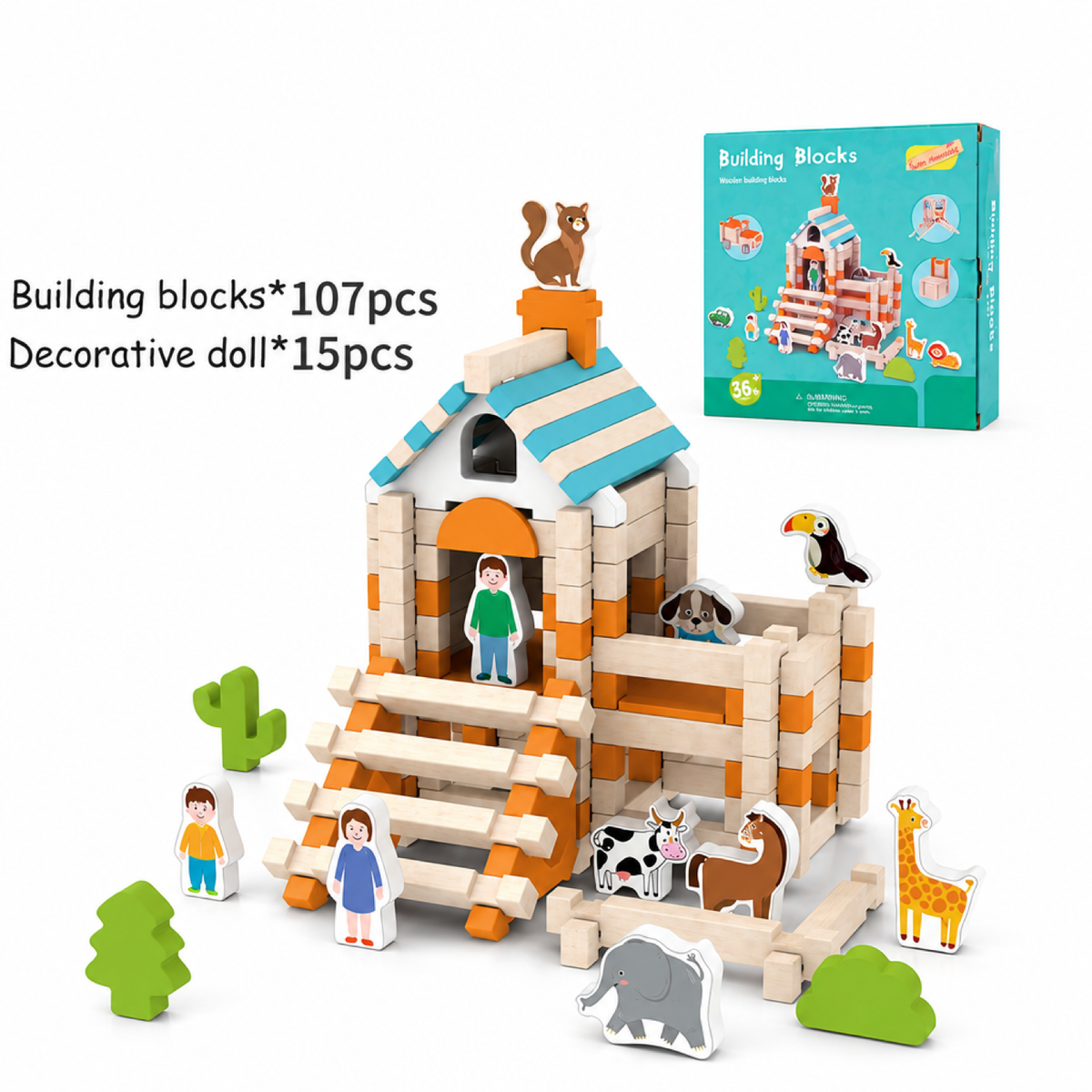 Blocs de construction en bois avec personnages et animaux en bois, présentés à côté de la boîte du set