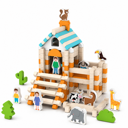 Set château-tour en blocs de construction en bois Montessori, toit rayé bleu, escaliers et figurines d'animaux