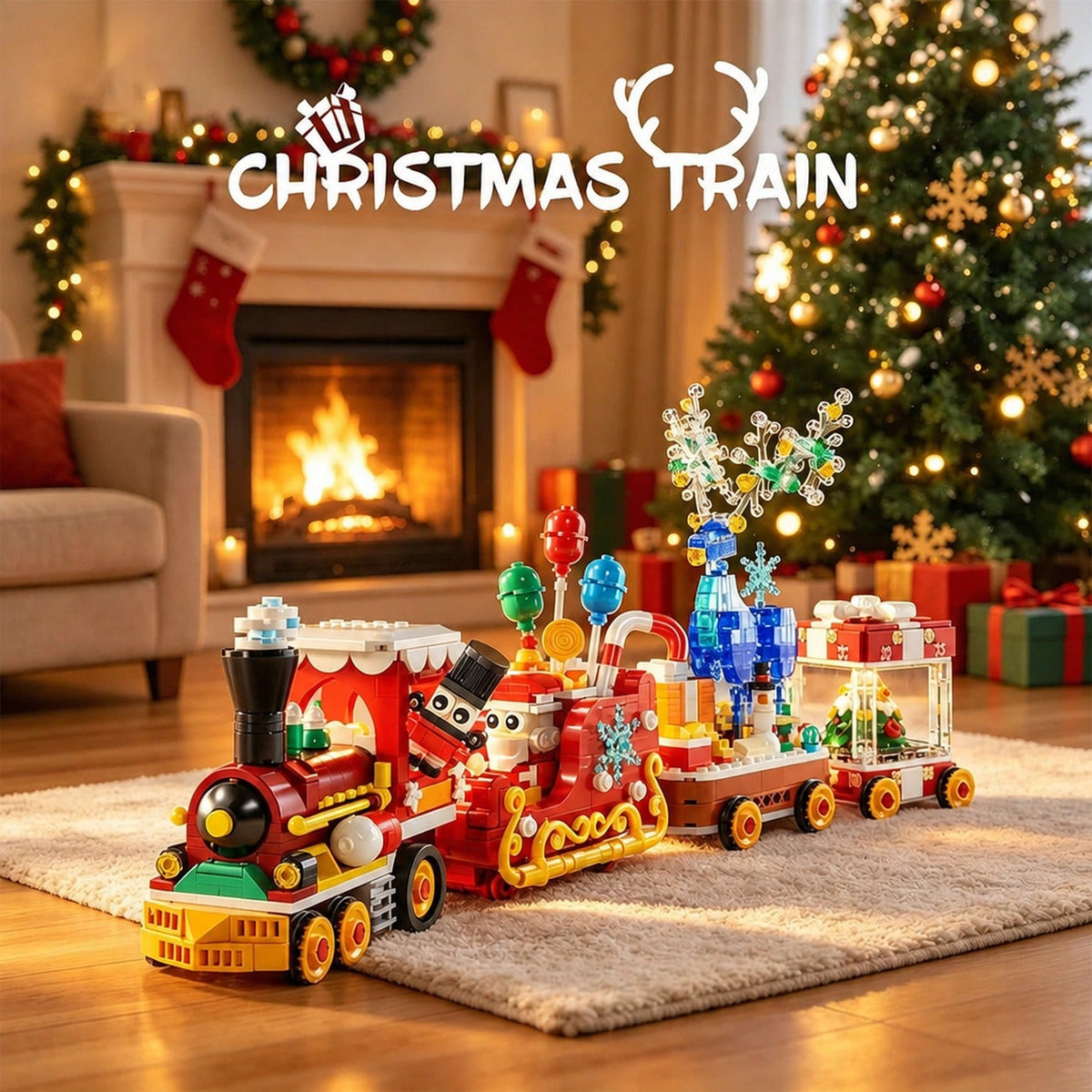 Train de Noël en briques assemblé avec locomotive rouge, wagons de cadeaux et traîneau, devant un sapin