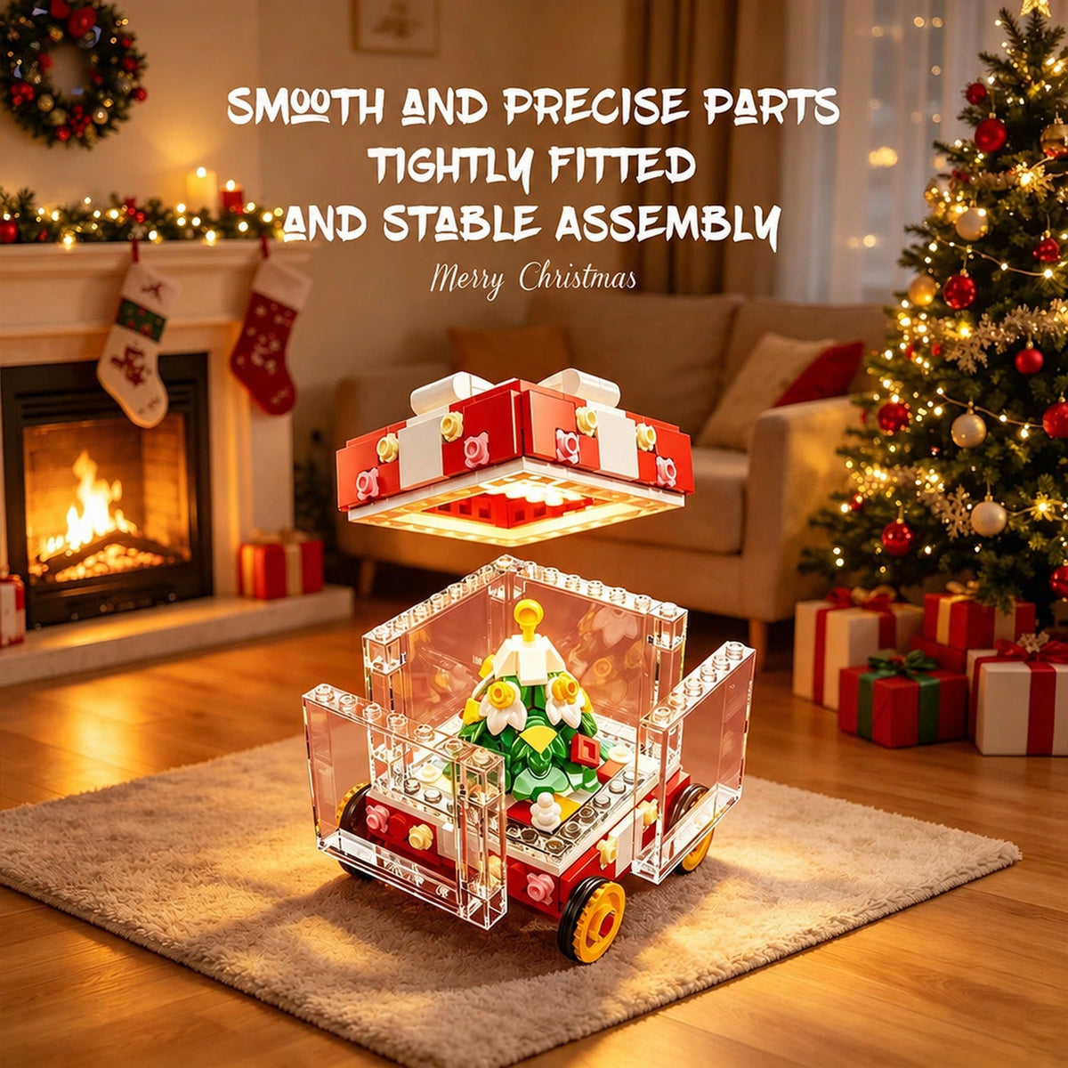 Détail d'un wagon du train de Noël en briques avec sapin miniature décoré