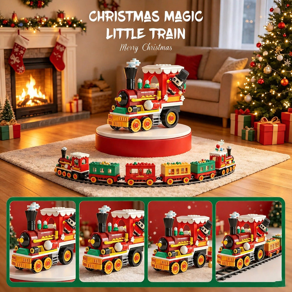 Locomotive du train de Noël sur son socle et quatre vues des wagons en briques