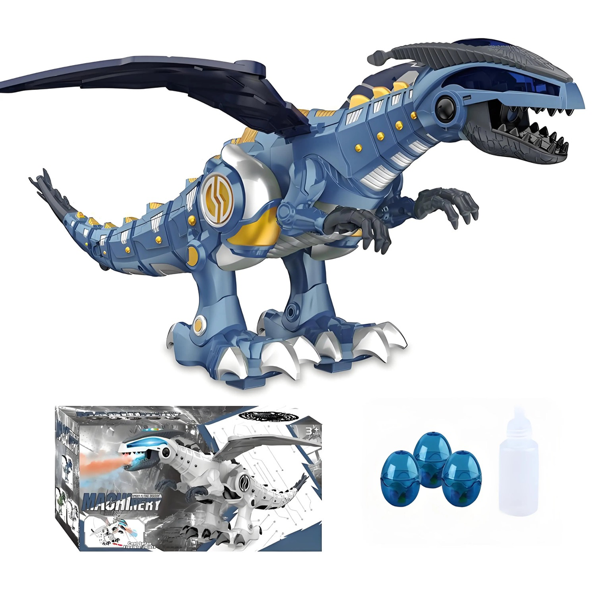 Dragon dinosaure marchant mécanique bleu avec jets d'eau, sons et lumières