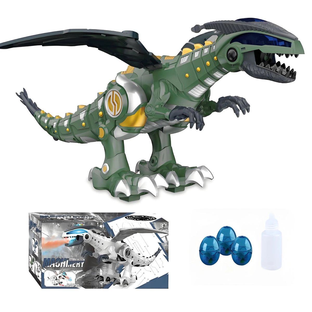 Dragon dinosaure marchant mécanique vert avec jets d'eau, sons et lumières
