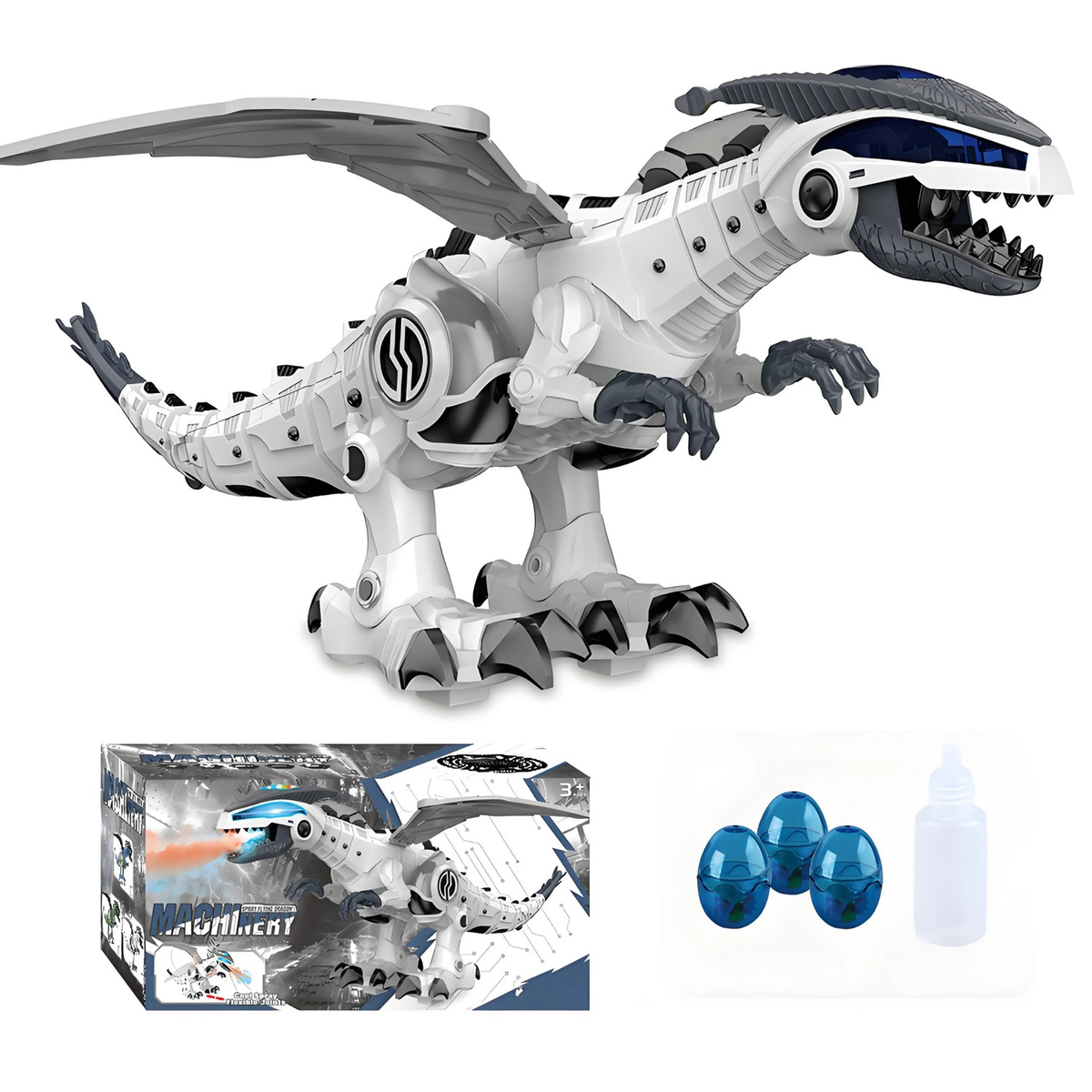 Dragon dinosaure marchant mécanique blanc avec jets d'eau, sons et lumières