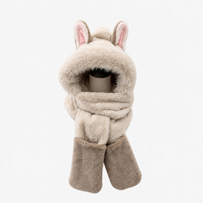 Écharpe-capuche enfant en peluche beige et taupe à oreilles, sur fond blanc