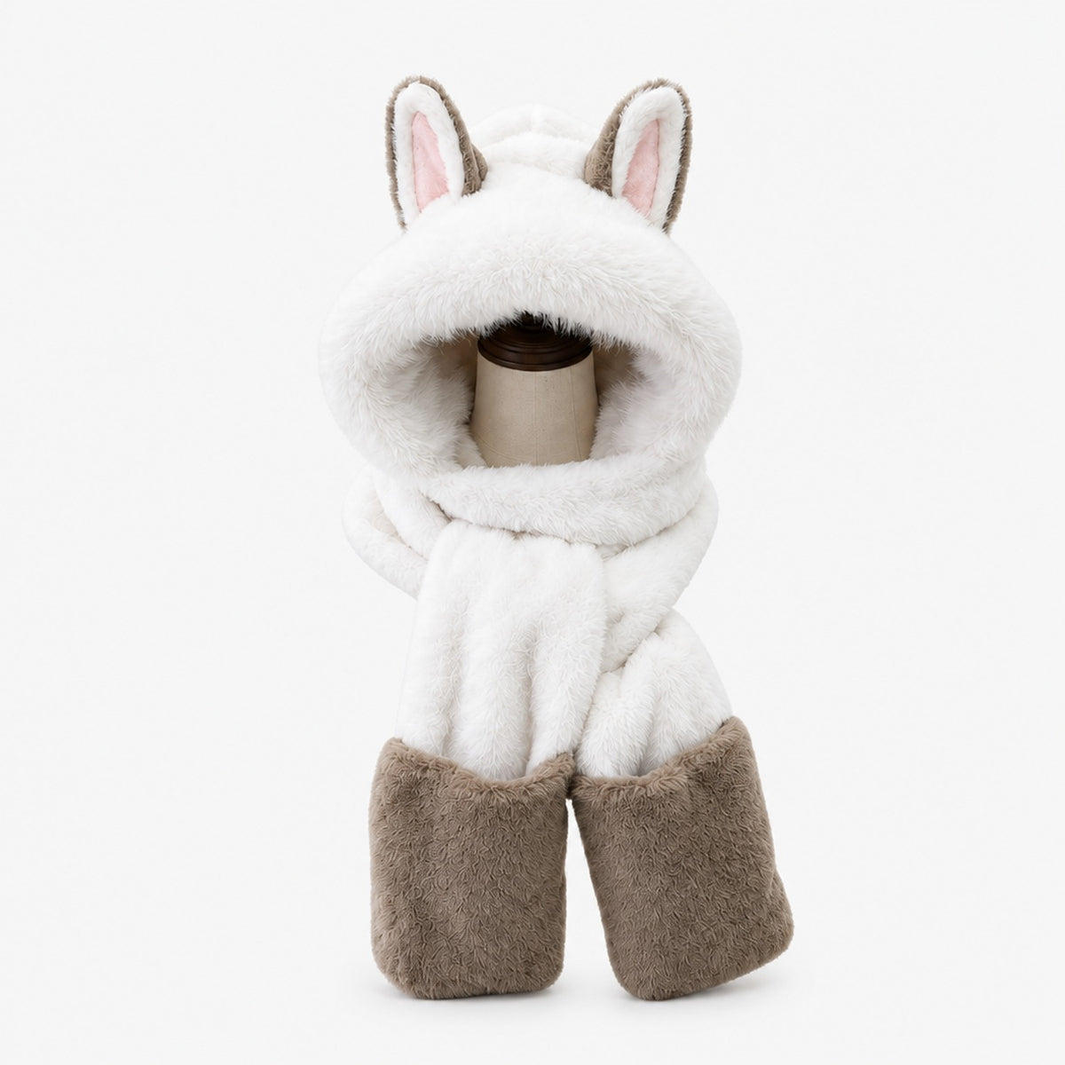 Écharpe-capuche enfant en peluche blanche et taupe à oreilles, sur fond blanc