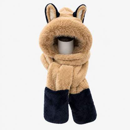 Écharpe-capuche enfant en peluche camel et bleu marine à oreilles, sur fond blanc