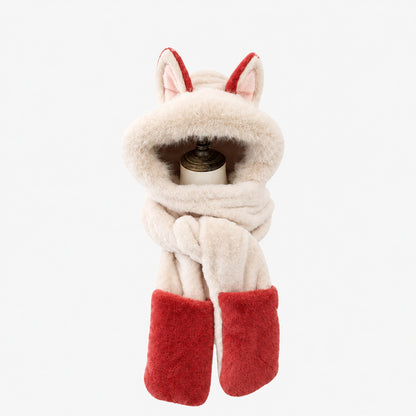 Écharpe-capuche enfant en peluche crème et rouge à oreilles, sur fond blanc