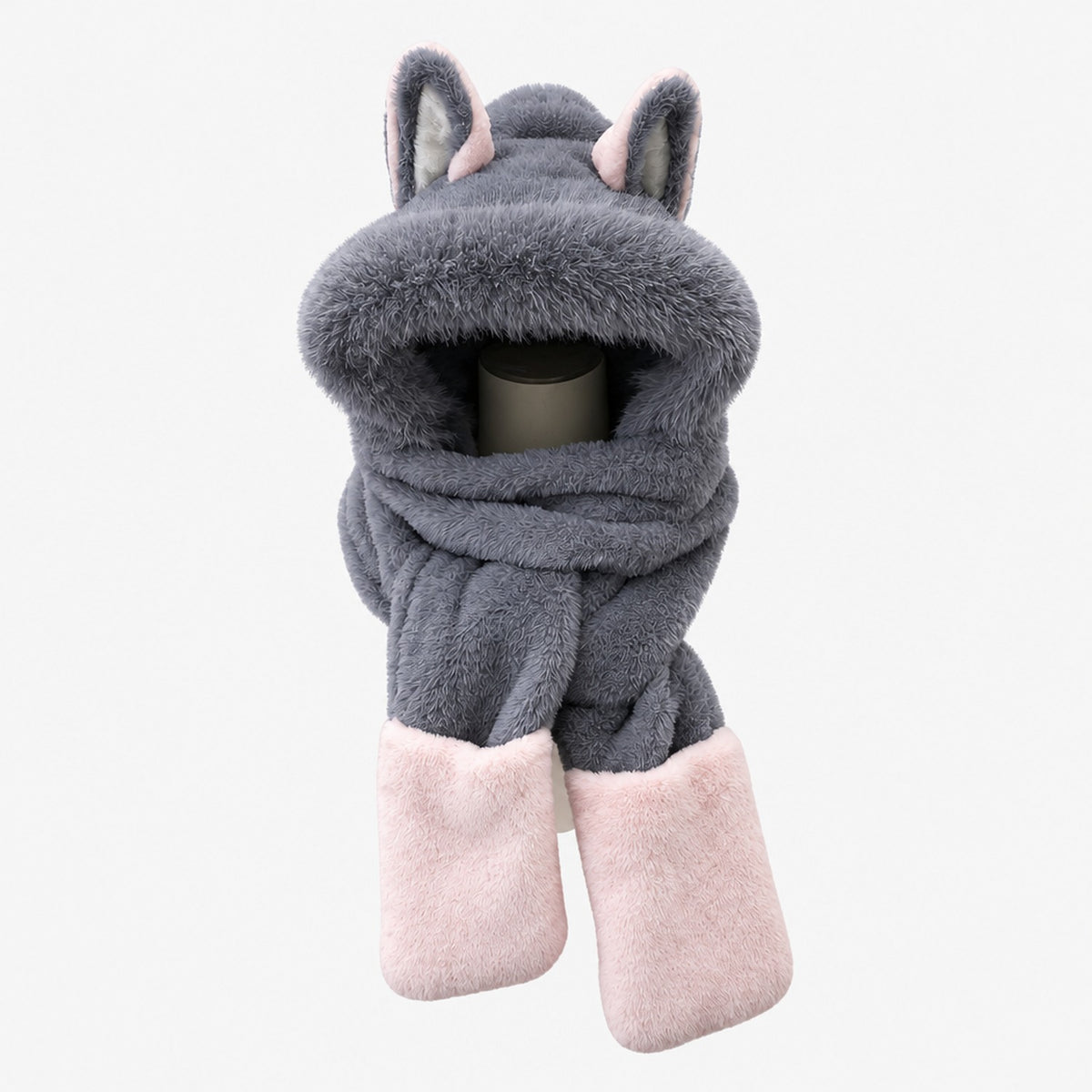 Écharpe-capuche enfant en peluche grise et rose à oreilles, sur fond blanc