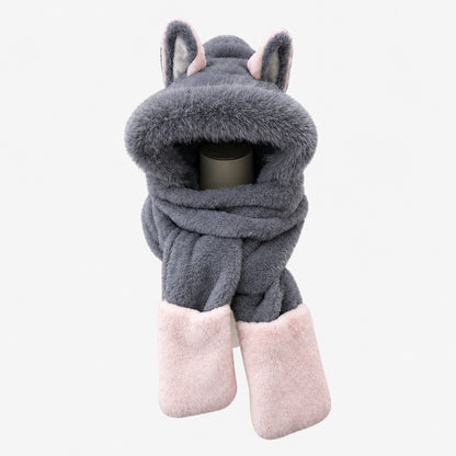 Écharpe-capuche enfant en peluche grise et rose à oreilles, sur fond blanc