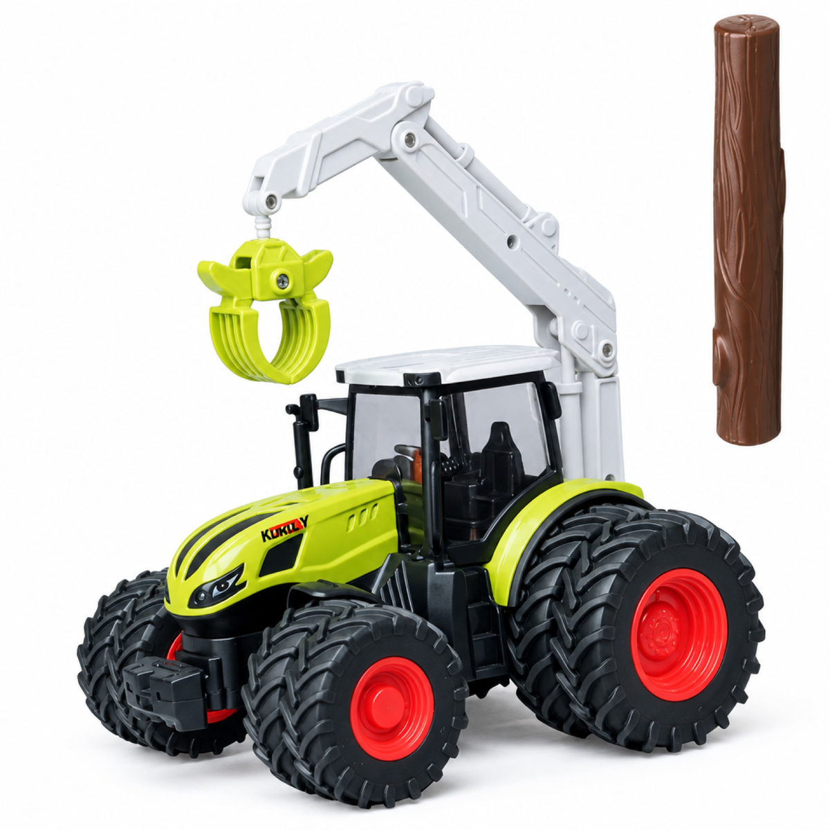 Tracteur jouet 1:16 à roues jumelées avec grue articulée, pince et rondin de bois