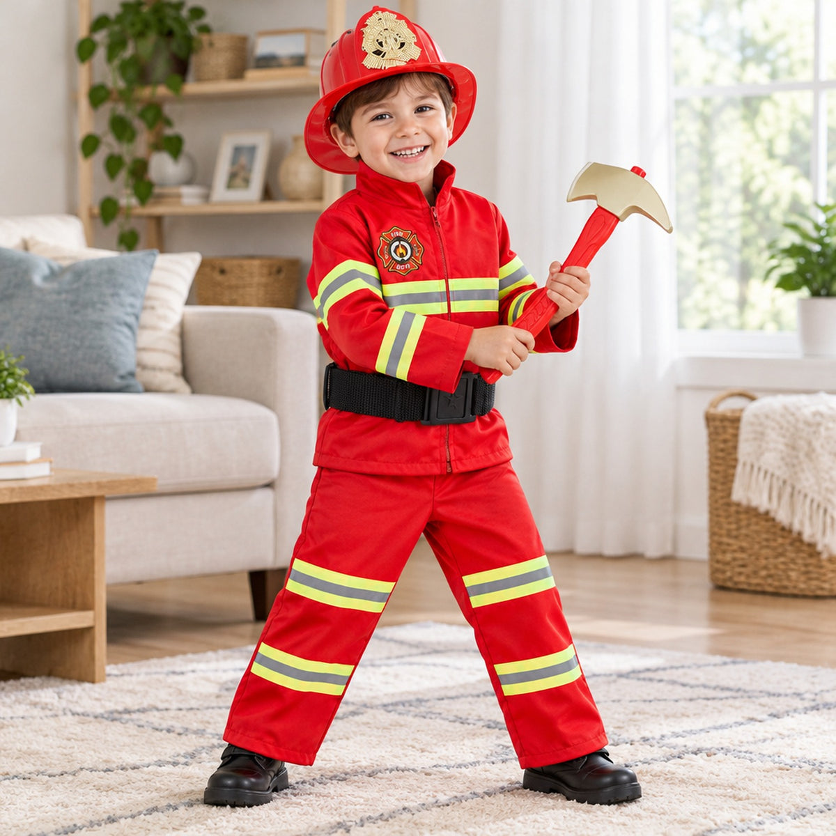 Enfant portant le déguisement de pompier rouge avec casque et hache jouet