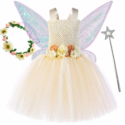 Déguisement fée des fleurs pour fille - robe tutu rose avec ailes scintillantes et couronne de fleurs