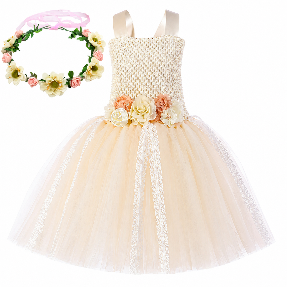Costume de fée des fleurs pour fille, vue détaillée du corsage et de la jupe à fleurs