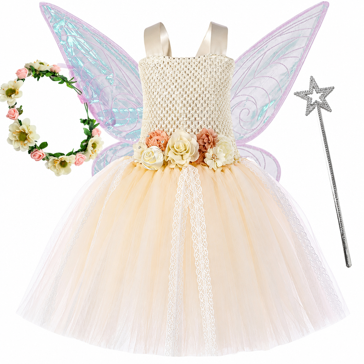 Costume de fée des fleurs pour fille, vue de face sur mannequin montrant l'ensemble complet
