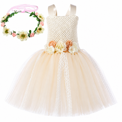 Costume de fée des fleurs pour fille, vue laterale montrant la jupe superposée et les manches