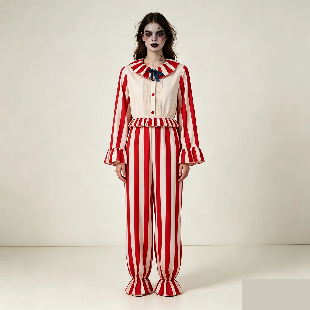 Costume clown vintage rouge et crème porté par modèle femme, vue de face