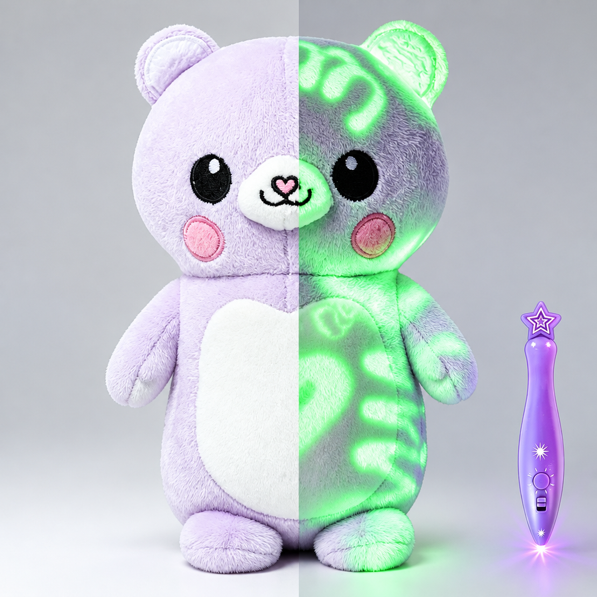 Peluche ours violette à dessiner phosphorescente avec stylo lumineux, vue de jour à côté de la vue phosphorescente de nuit