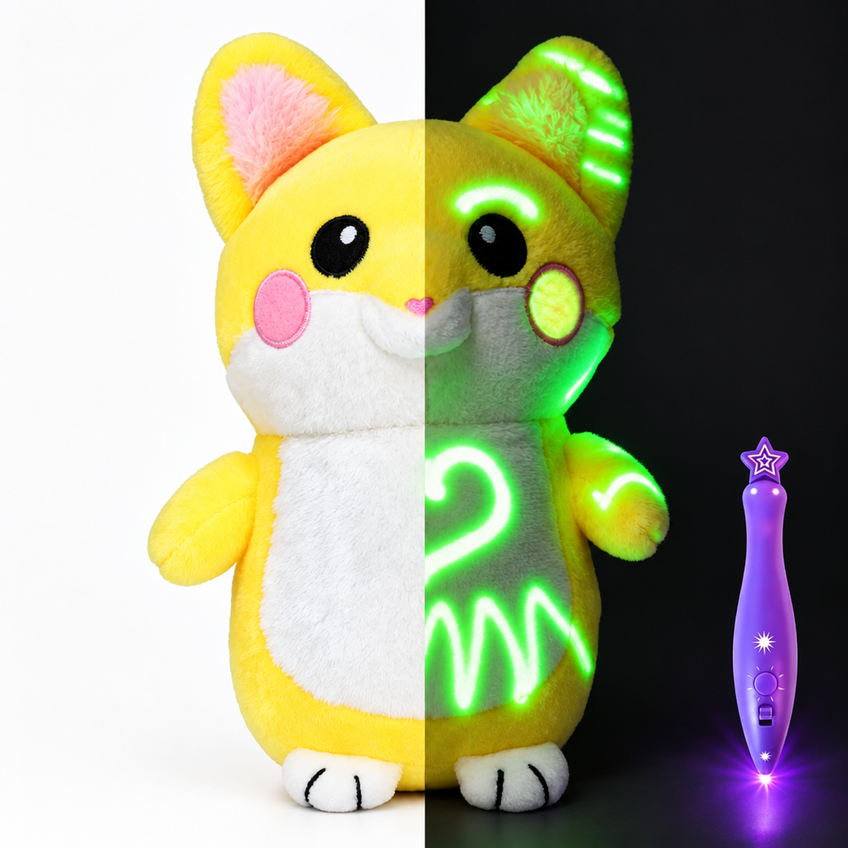 Peluche chat jaune à dessiner phosphorescente avec stylo lumineux, vue de jour à côté de la vue phosphorescente de nuit
