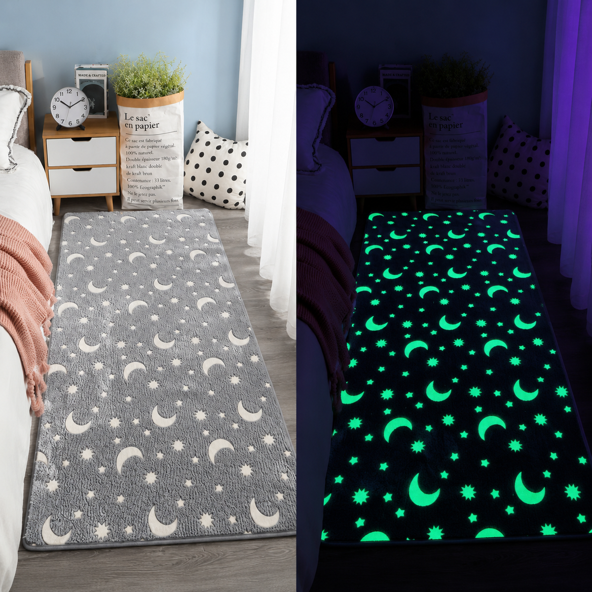 Tapis phosphorescent gris motif lune et étoiles
