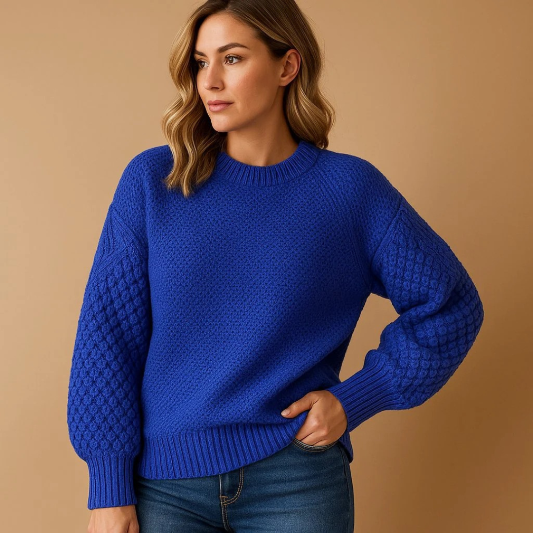 Pull femme maille texturée manches ballon coloris bleu roi