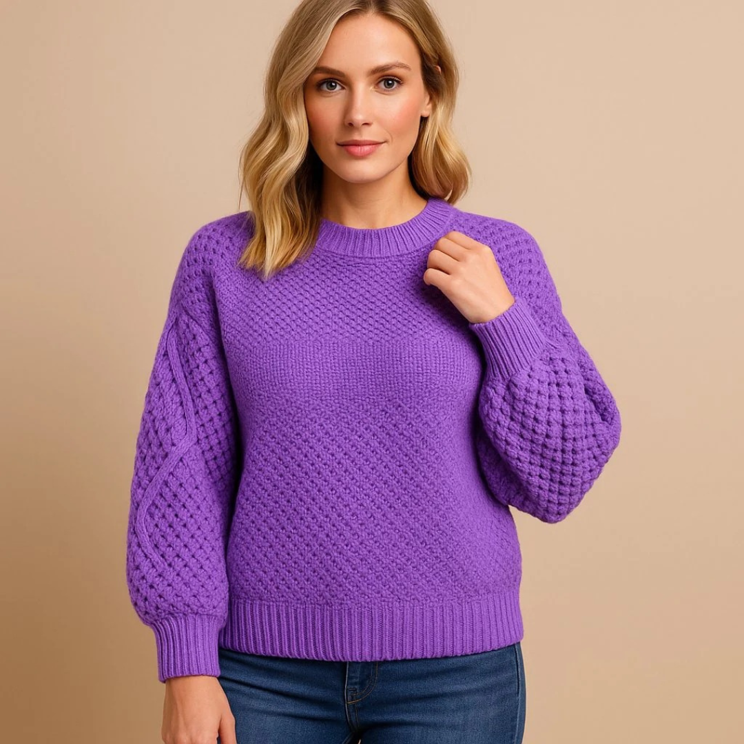 Pull femme maille texturée manches ballon coloris violet