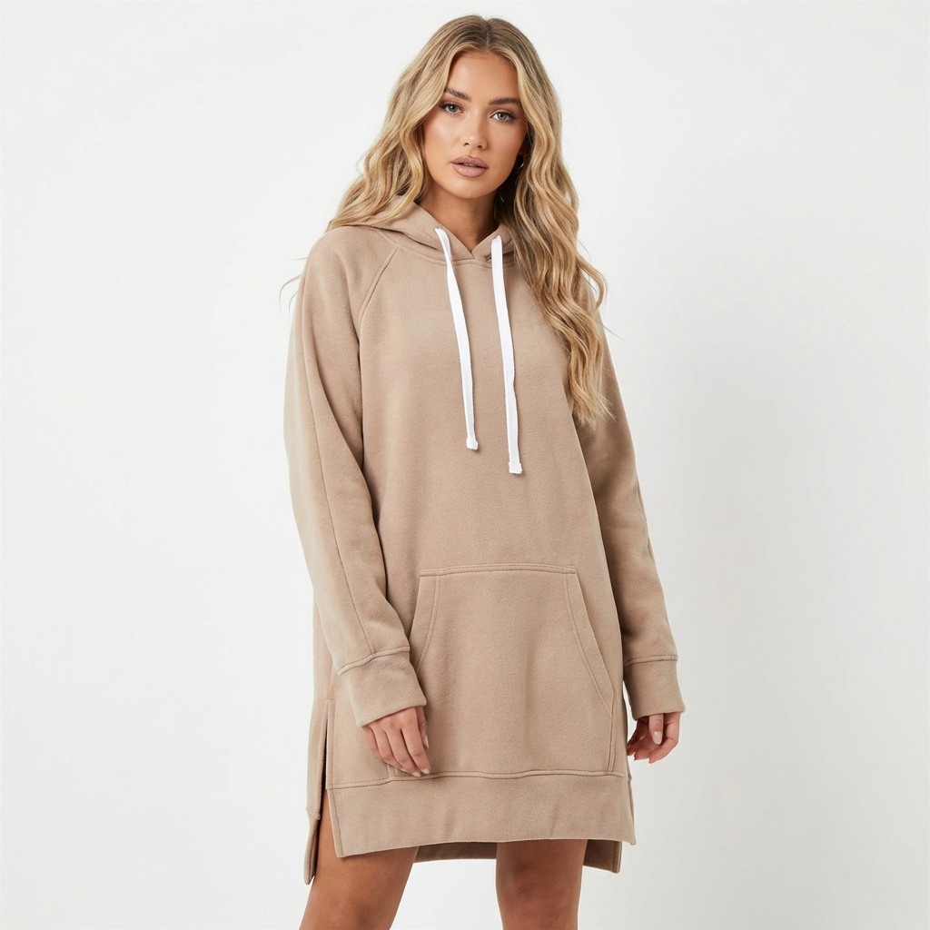 Robe sweat à capuche femme beige, poche kangourou, vue de face