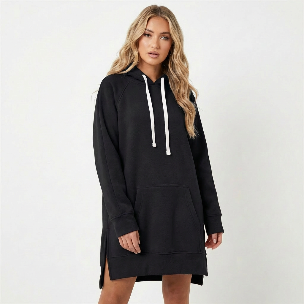 Robe sweat à capuche femme noire, poche kangourou, vue de face