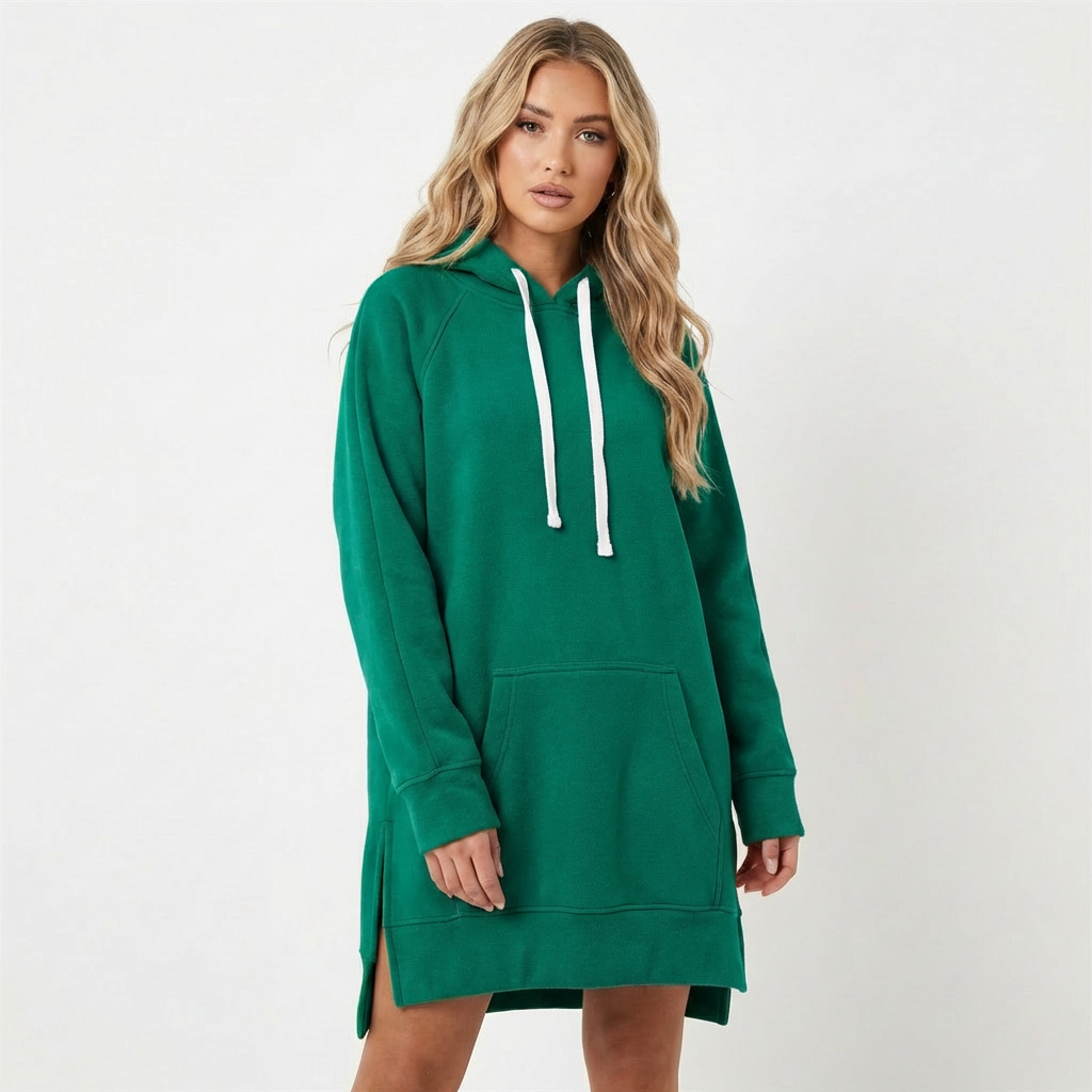 Robe sweat à capuche femme verte, poche kangourou, vue de face