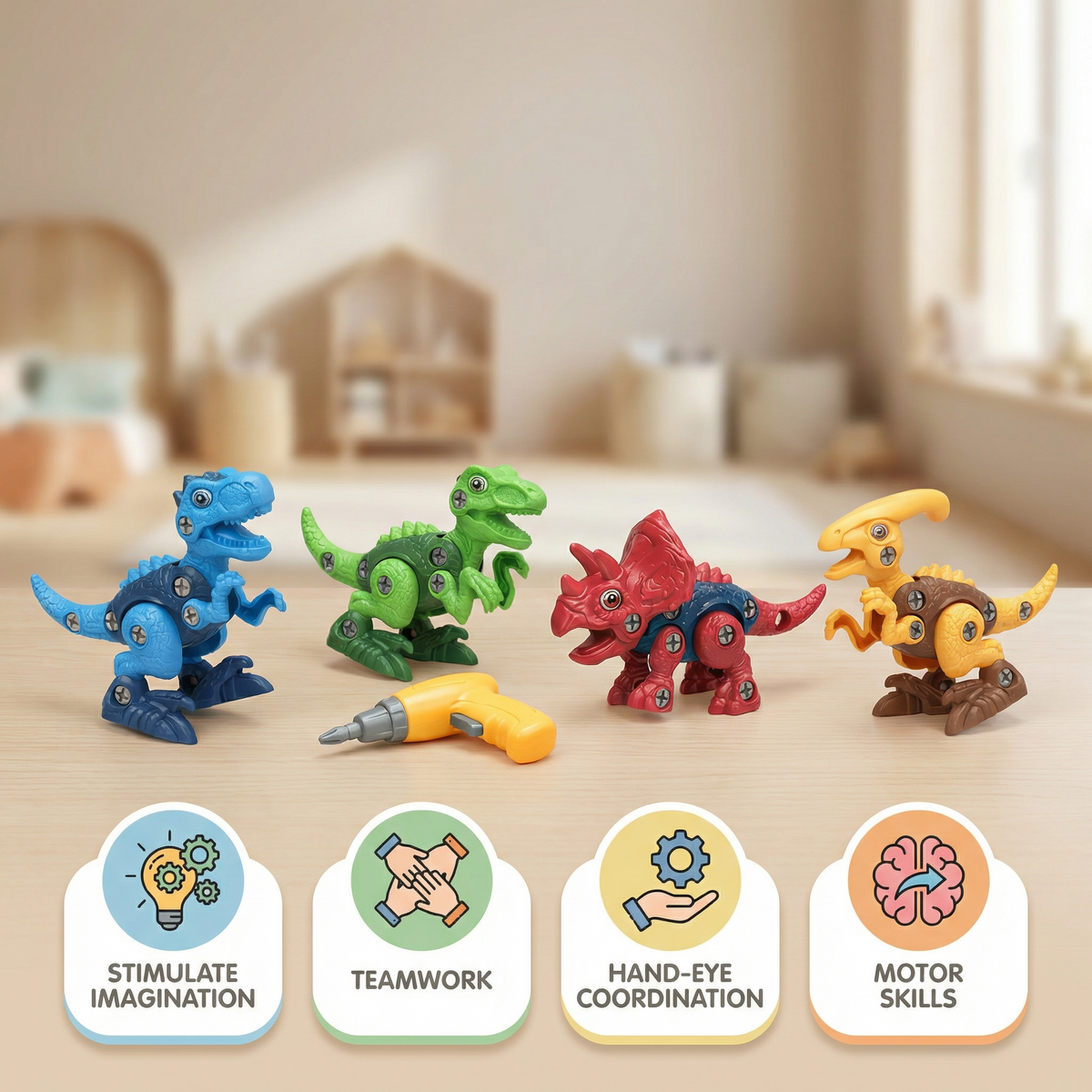 Enfant construisant un modèle de dinosaure avec le tournevis