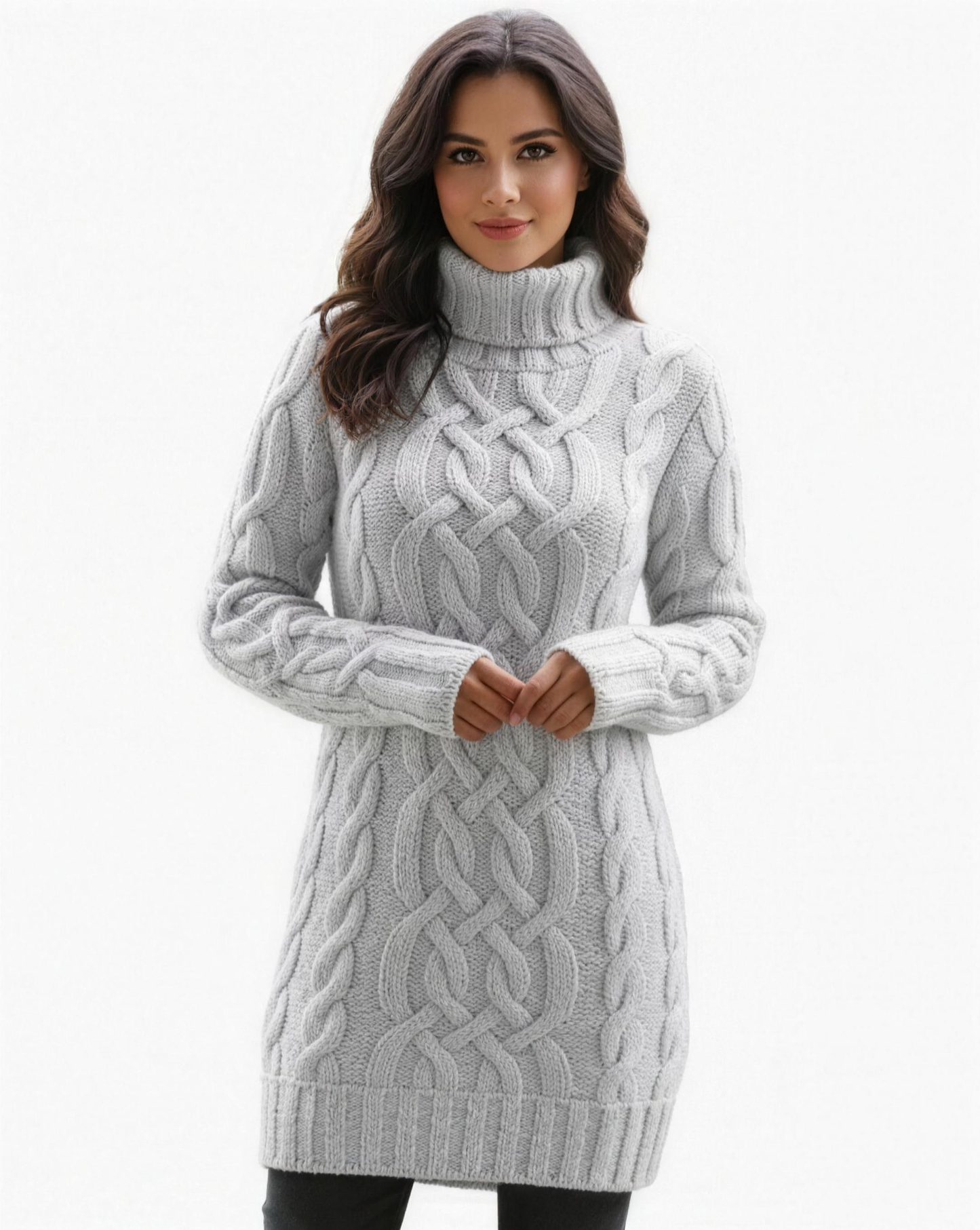 Robe Pull Col Roulé Femme Tricot Torsadé – Coupe Évasée & Chaleur | Style Chic Automne Hiver