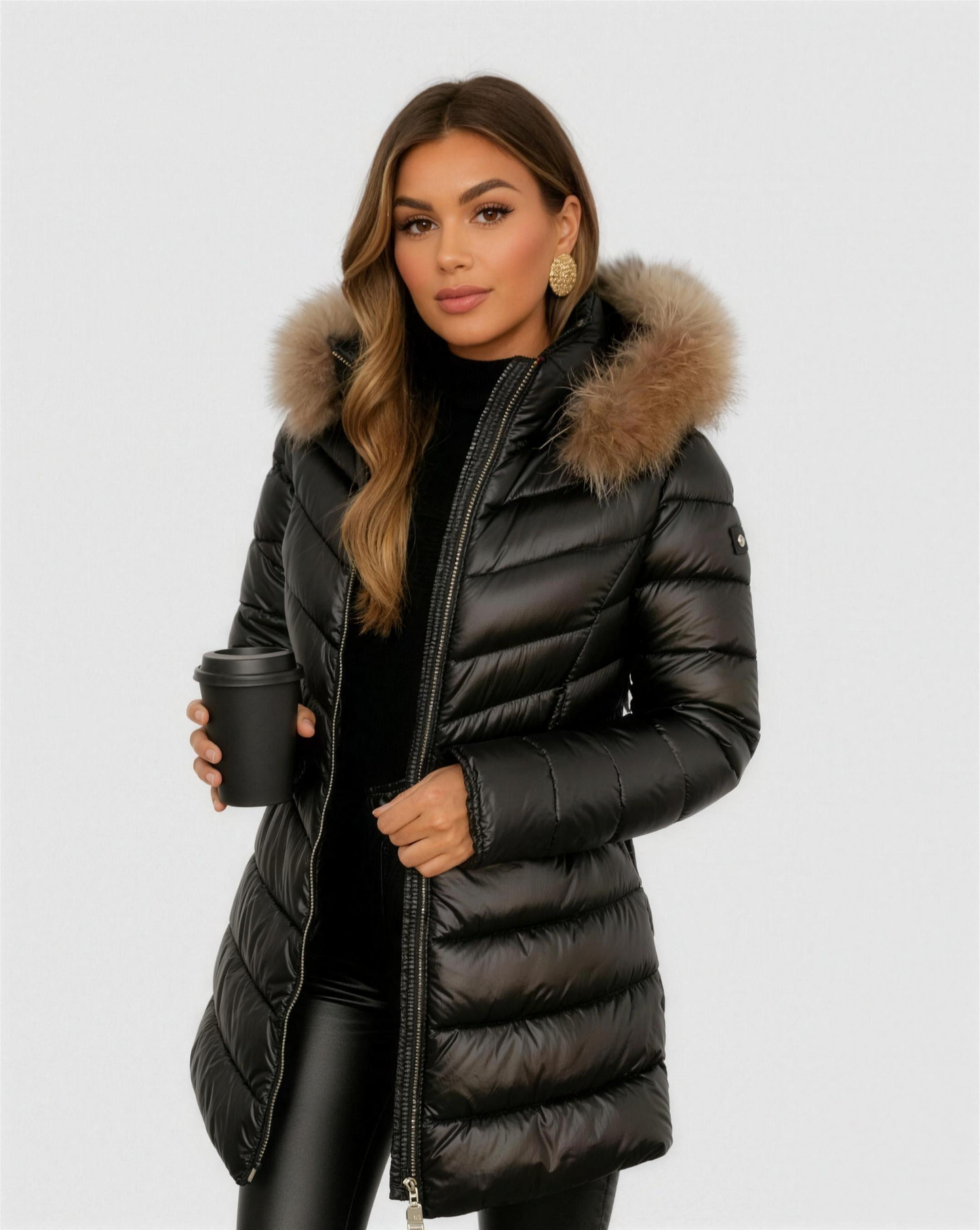 Manteau long femme capuche fausse fourrure noir