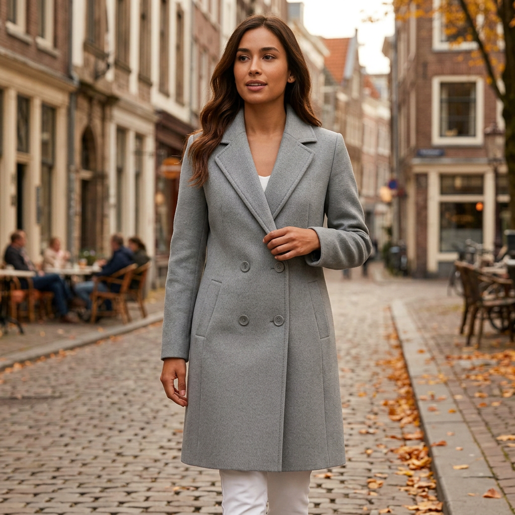 Manteau long femme double boutonnage porte en ville
