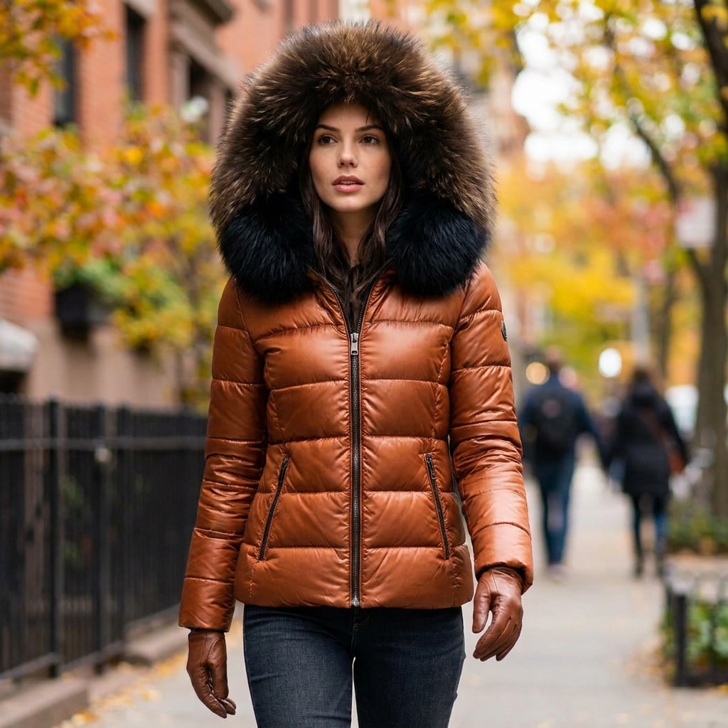 Veste hiver femme capuche fausse fourrure portee en exterieur