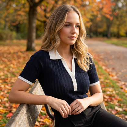 Top femme maille col polo porte en exterieur automne