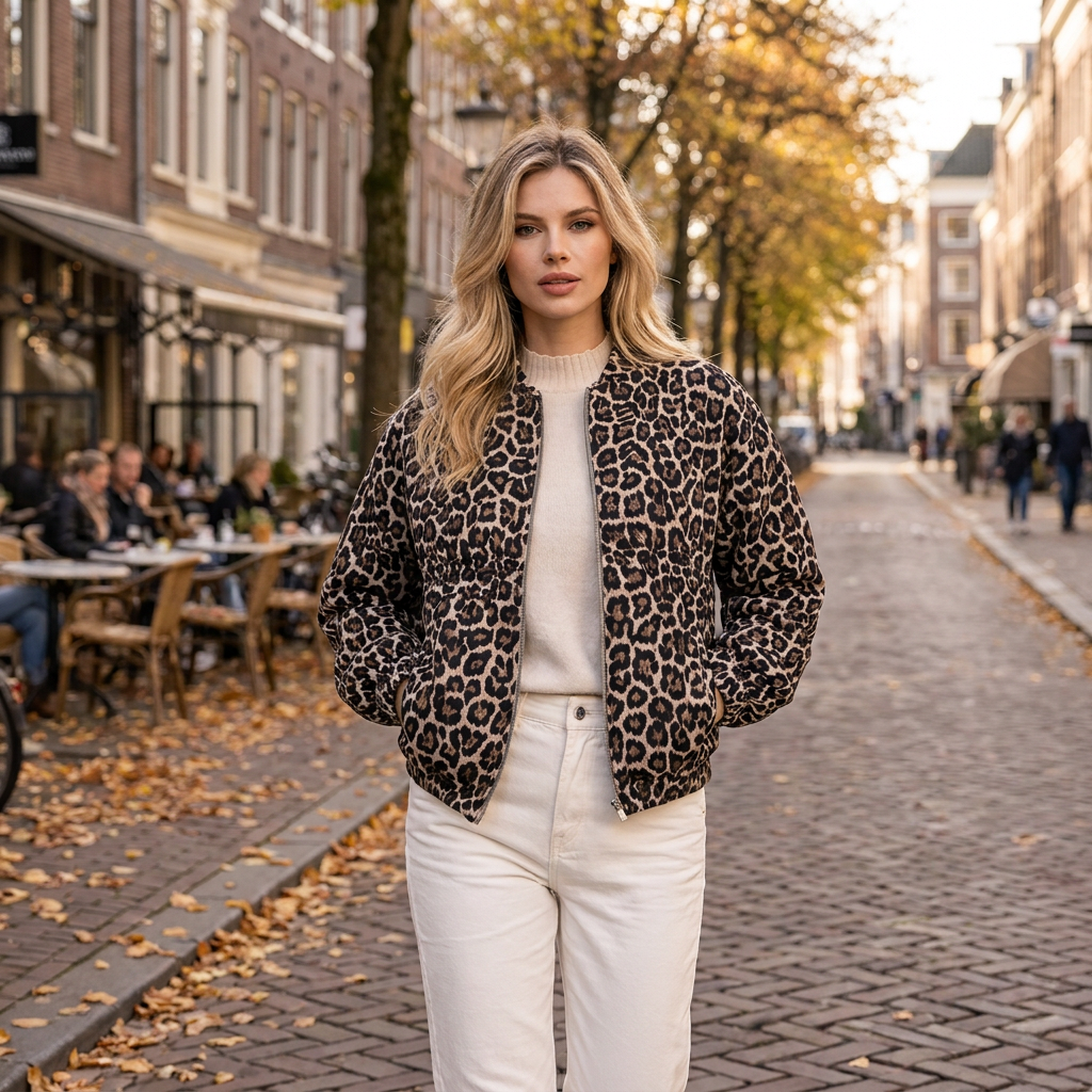 Veste Femme Imprim Lopard  Style Audacieux  Coupe Droite  Look Casual  porte en automne