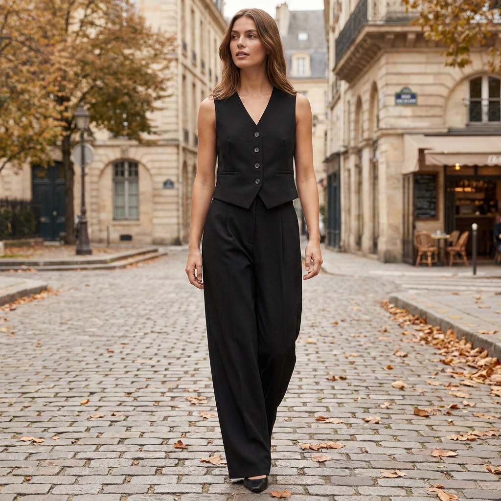 Ensemble tailleur femme avec gilet sans manches et pantalon large tail porte en automne
