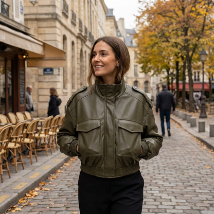 Veste courte en cuir  col montant et poches cargo porte en automne